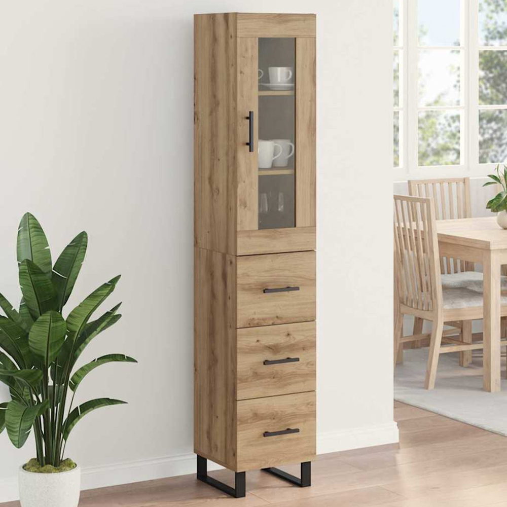 vidaXL Single Glass Door 3 Drawer Artisan Oak Tall Slim Highboard Image 1