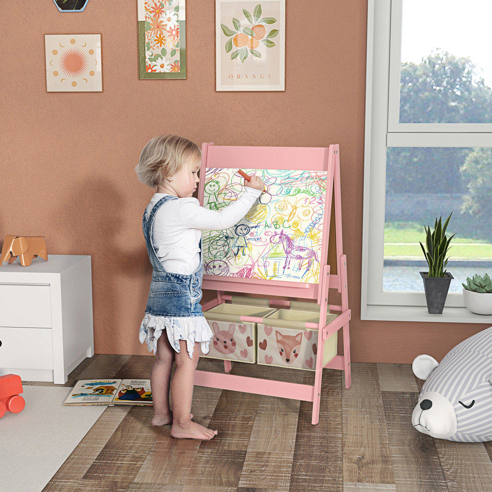 Tommy Toys 3-in-1 Kids Pink Animal Theme Double Sided Easel with Paper Roll and Storage Image 2