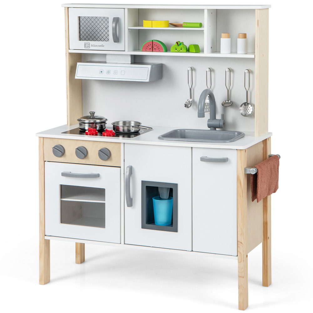 Costway Kids White Wooden Kitchen Play Set with Microwave Stoves Image 3