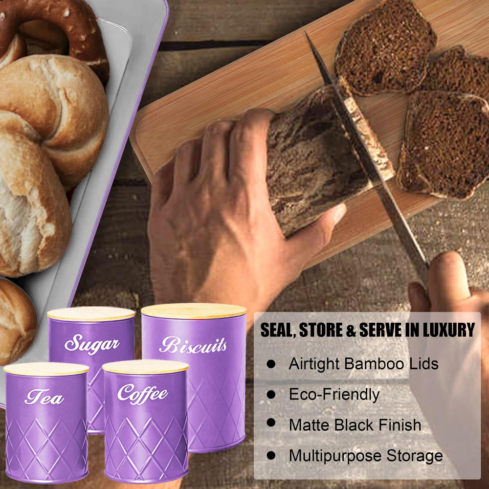 ATEK 5 Piece Purple Kitchen Canister Set with Bamboo Lids Image 8