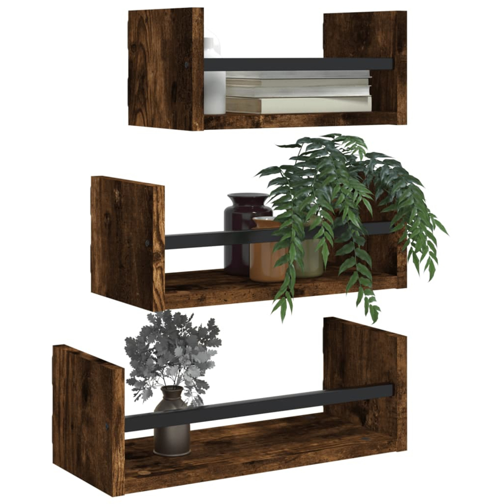 vidaXL Set of 3 Smoked Oak Wooden Wall Shelf with Bars Image 3