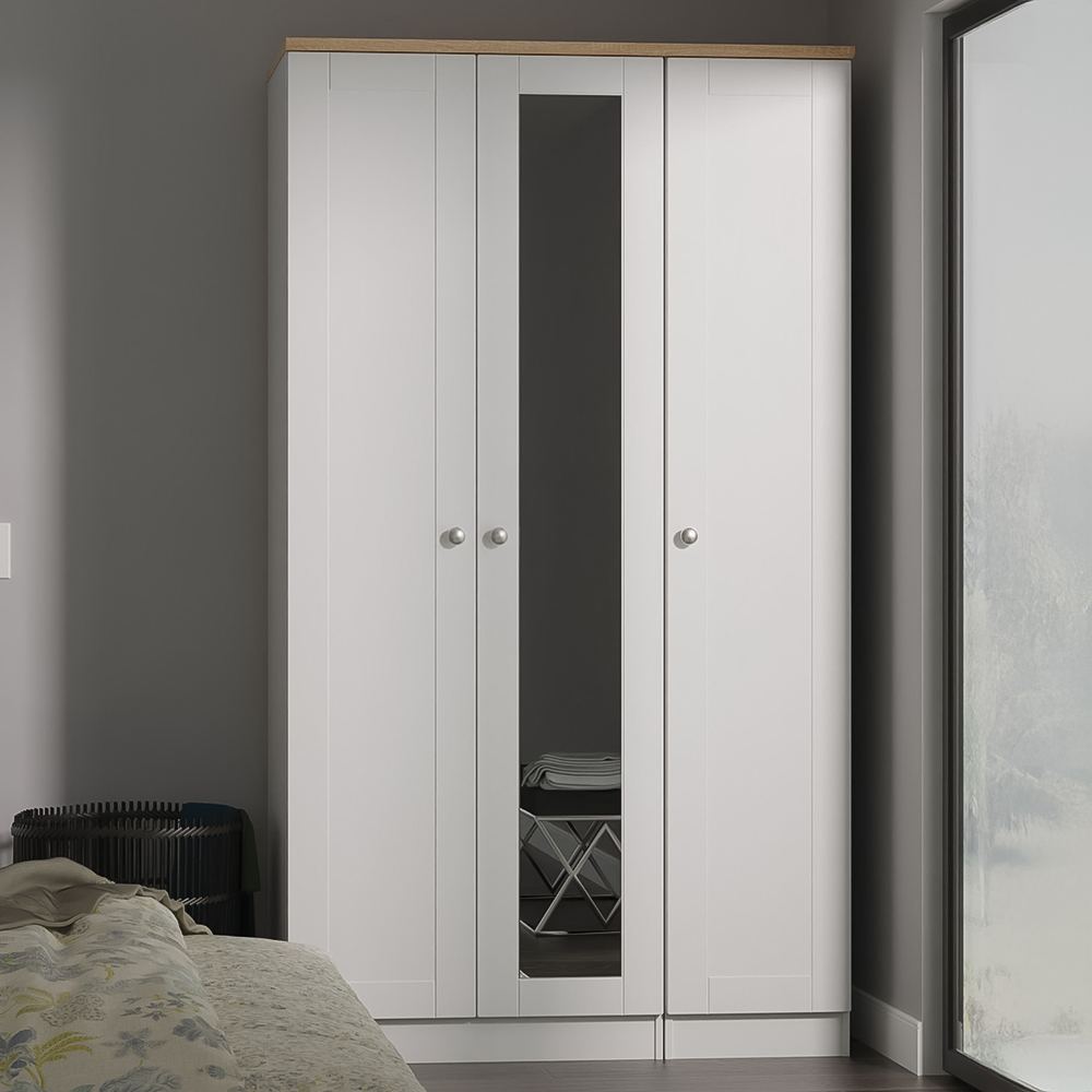 Crowndale Sussex 3 Door Grey Ash and Bardolino Oak Tall Mirror Wardrobe Ready Assembled Image 1
