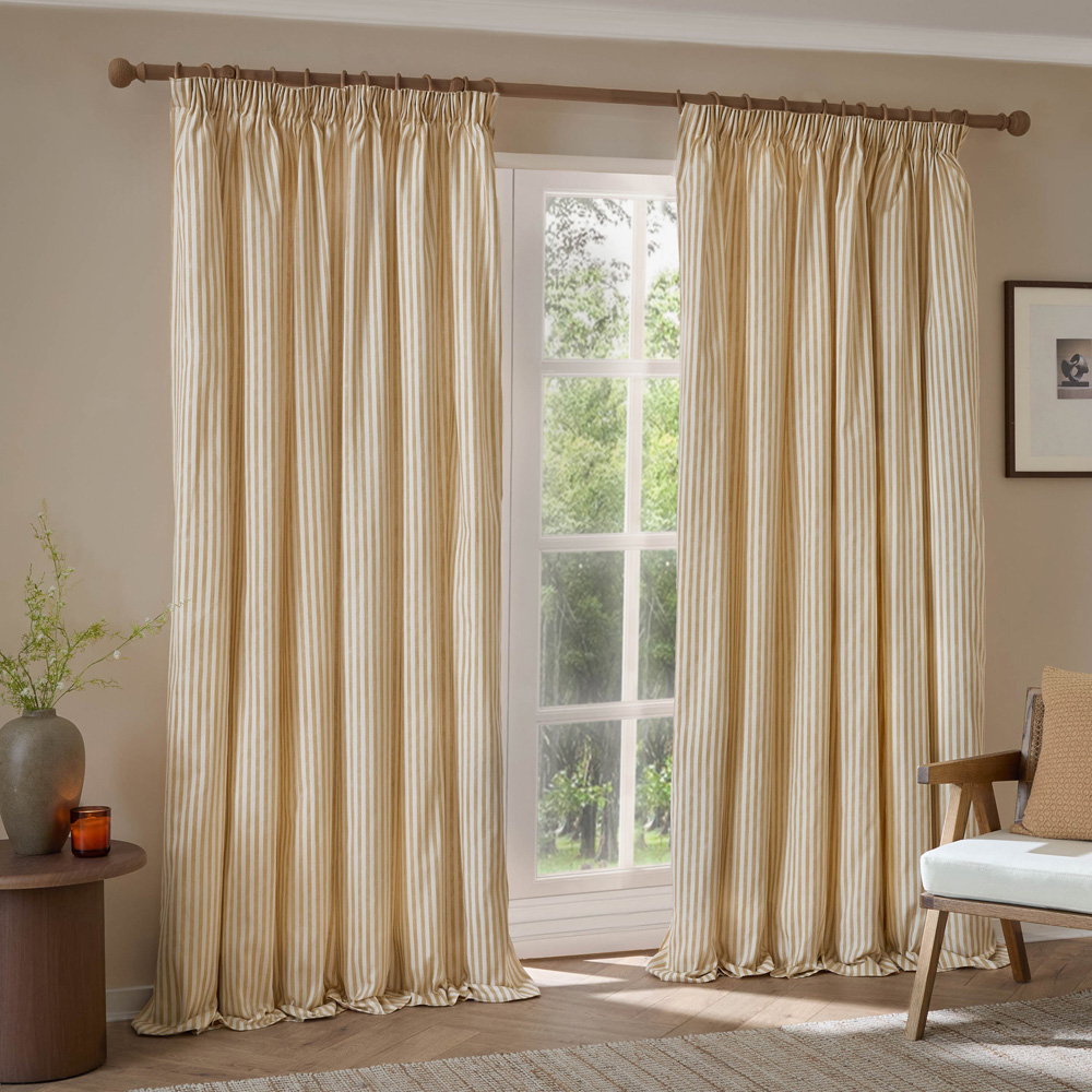 Yard Hebden Honey Yellow Striped Lined Pencil Pleat Curtains 117 x 183cm Image 1