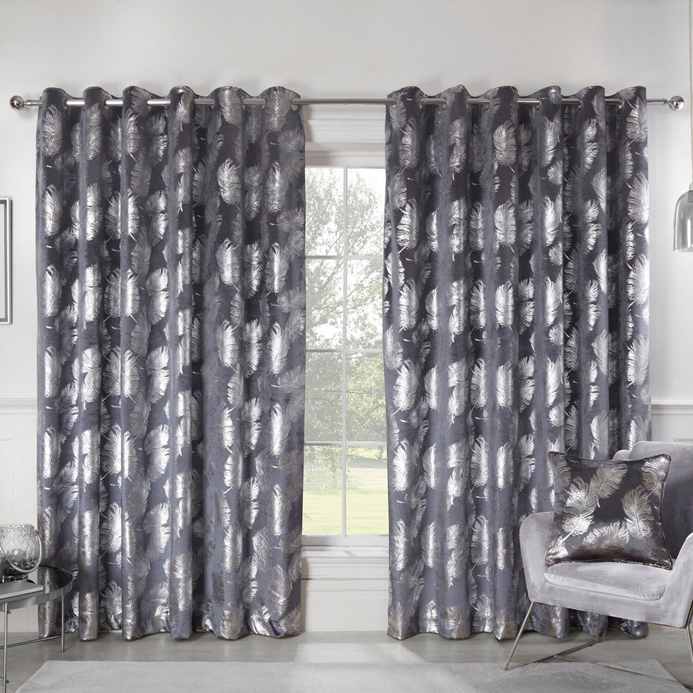 Divante Charcoal Plume Metallic Feather Curtains 229 x 168cm Image 2