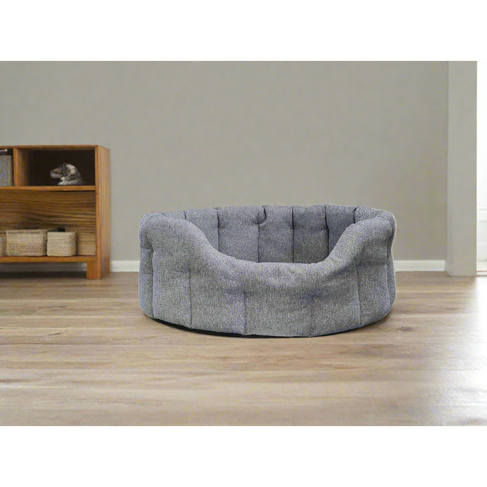 P&L Large Grey Premium Orkney Tweed Fabric Drop Fronted Softee Oval Pet Bed Image 2