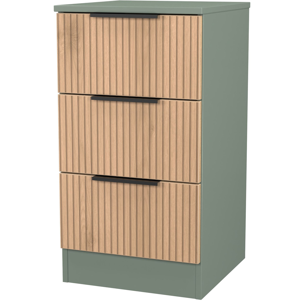 Crowndale Java 3 Drawer Slatt Effect and Reed Green Bedside Cabinet Image 4