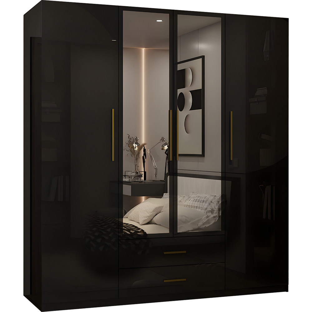M N Furniture Glossera 4 Door 2 Drawer Black High Gloss Mirrored Wardrobe 160cm Image 2