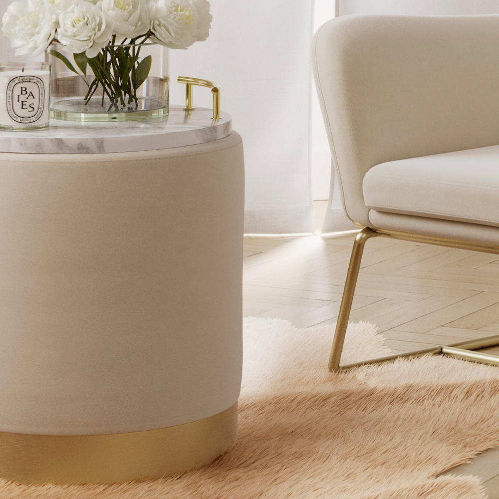 Lara Cream Velvet and Brushed Gold Small Pouffe Image 4