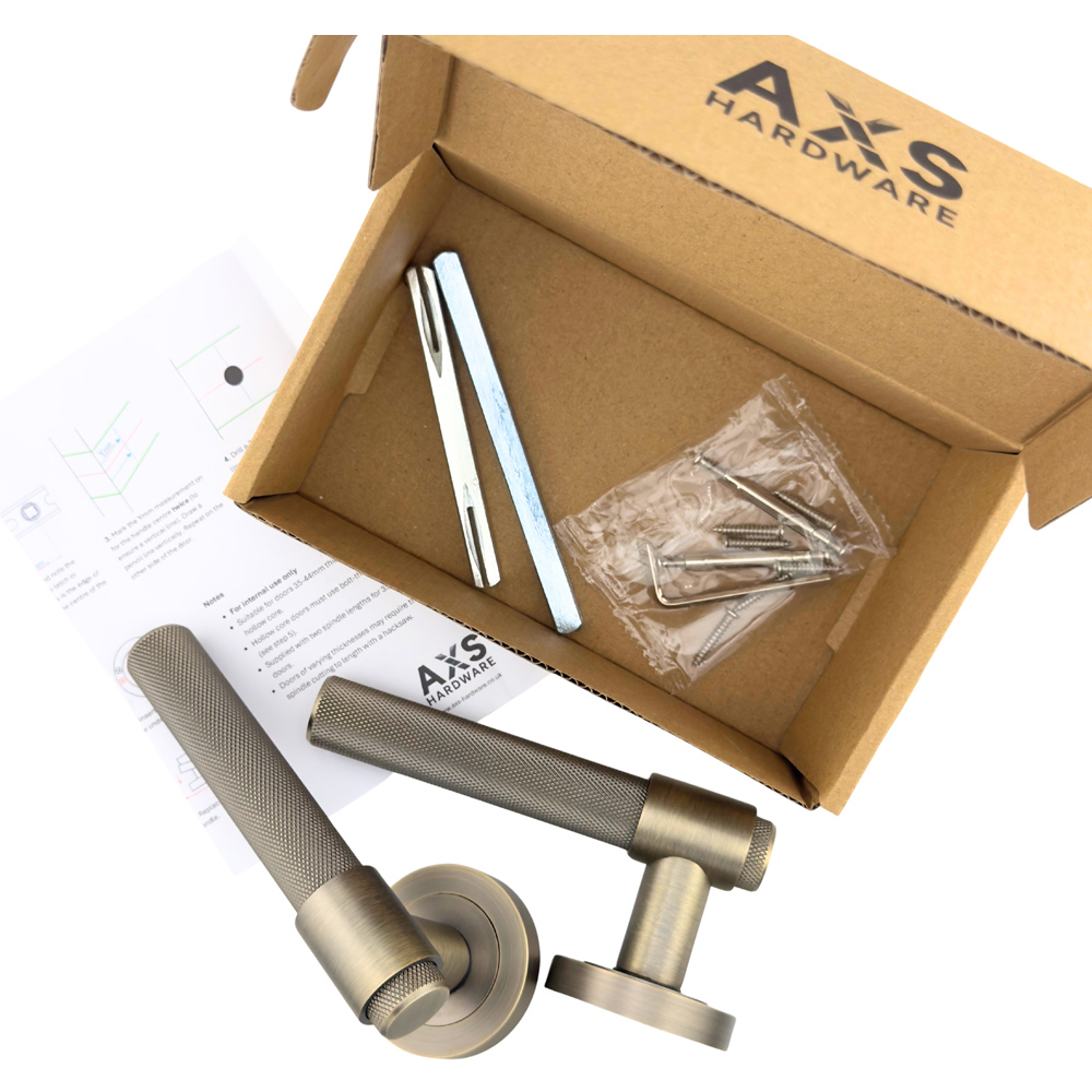 AXS Hardware Dakota Antique Brass Knurled Bathroom Door Handles on Rose 4 Pack Image 7