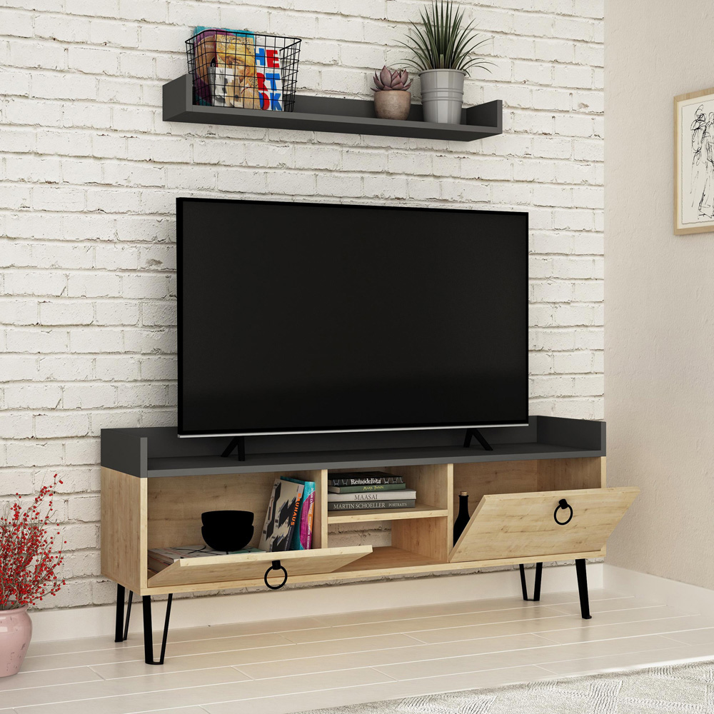 Decortie Keday 2 Door 2 Shelf Sapphire Oak TV Stand with Floating Shelf Image 3
