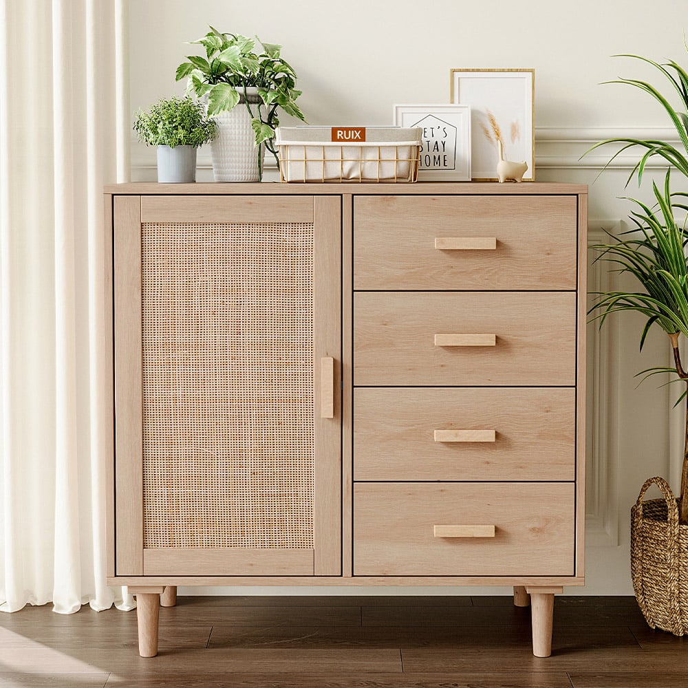 H&O Direct Single Door 4 Drawer Wooden Rattan Accent Side Cabinet Image 3
