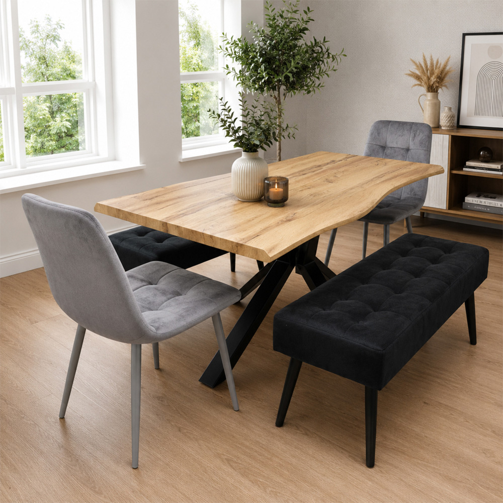 Portland 6 Seater Black and Grey Wood Dining Set with Velvet Chairs and Bench Image 1