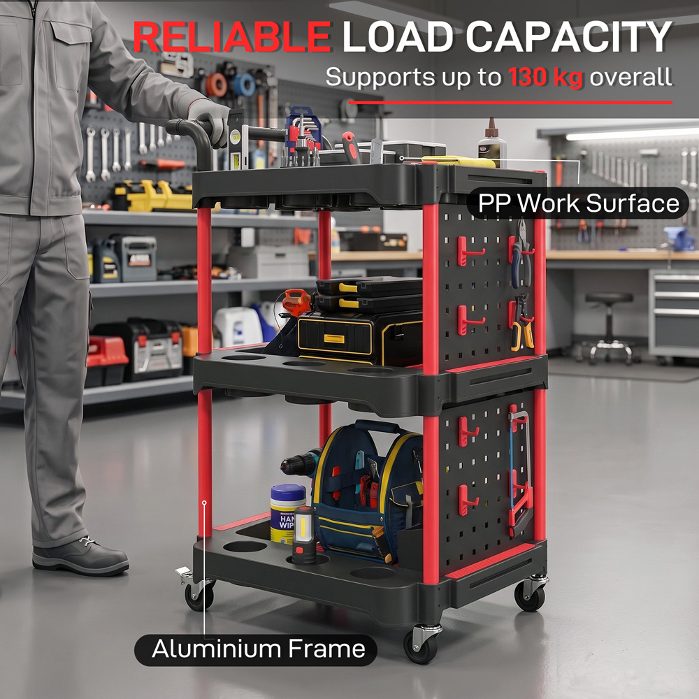 HOMCOM 3-Tier Black and Red Rolling Tool Cart with Pegboard and Hooks Image 6