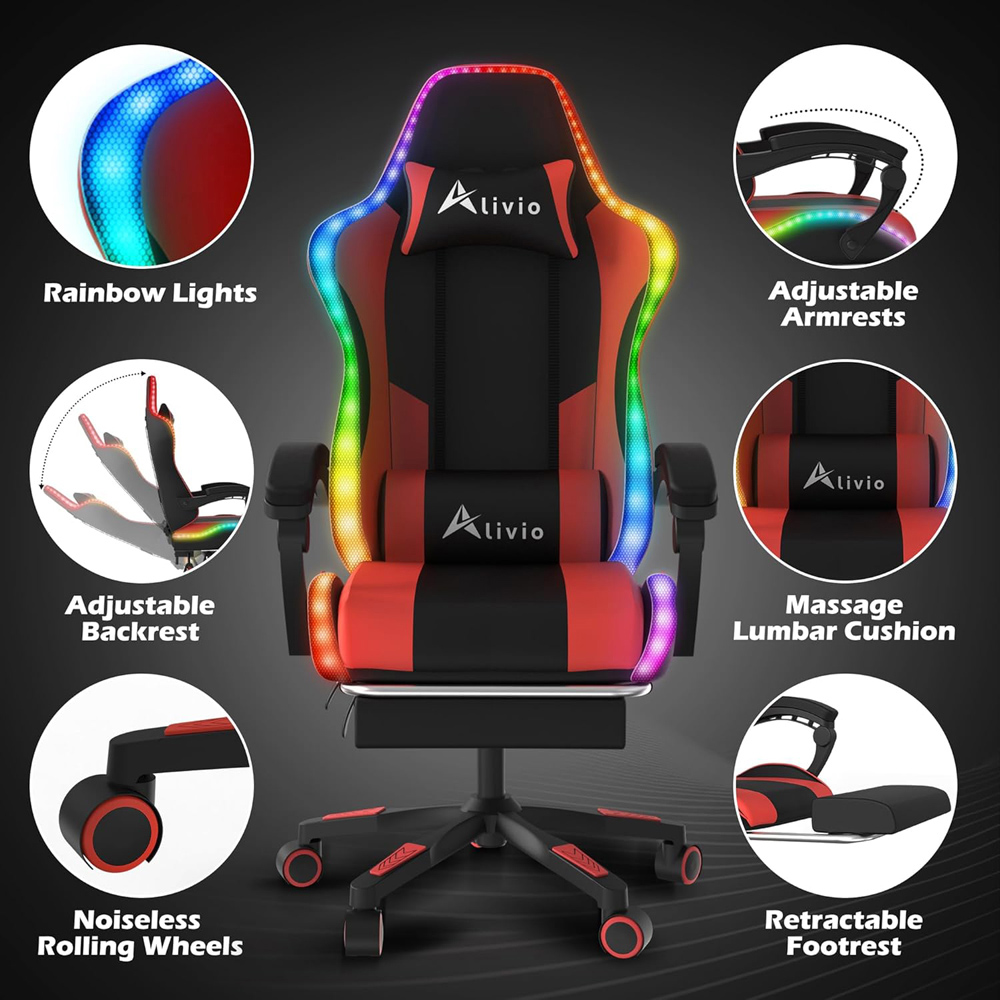 Alivio Red PU Leather Wireless App Control LED Gaming Chair with Massage Lumbar Cushion Image 7