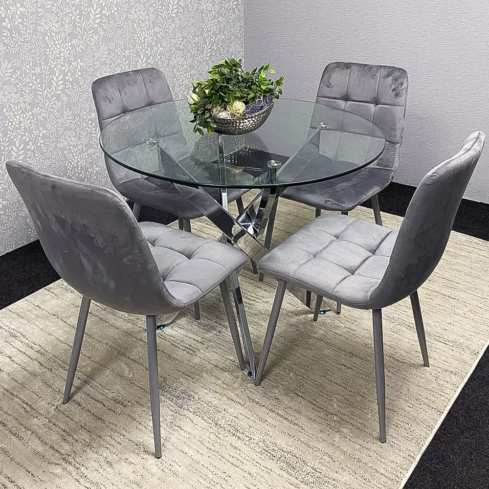 Kosy Koala 4 Seater Glass Round Dining Set Grey Velvet Image 1