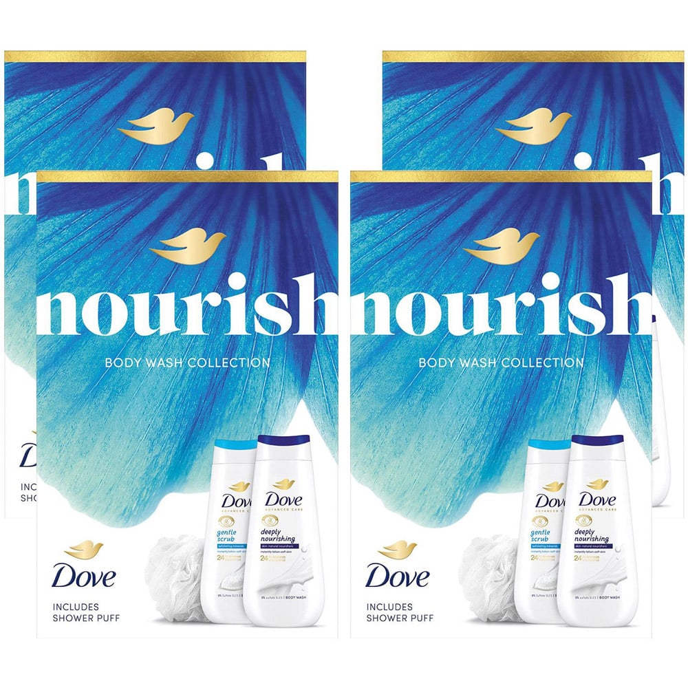 Dove Nourish Gentle Scrub and Deeply Nourishing Bodywash Duo Gift Set 225ml 4 Pack Image 1