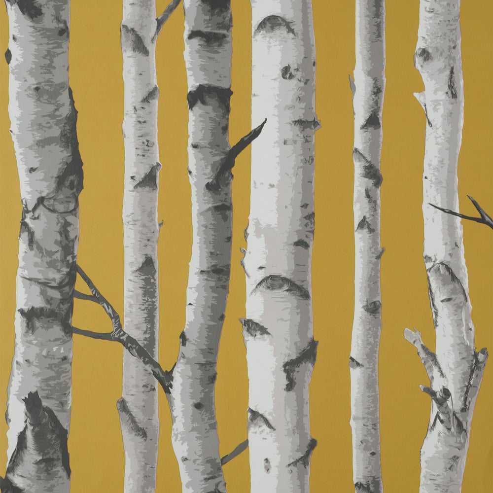 Fine Decor Birch Trees Mustard Wallpaper Image 1