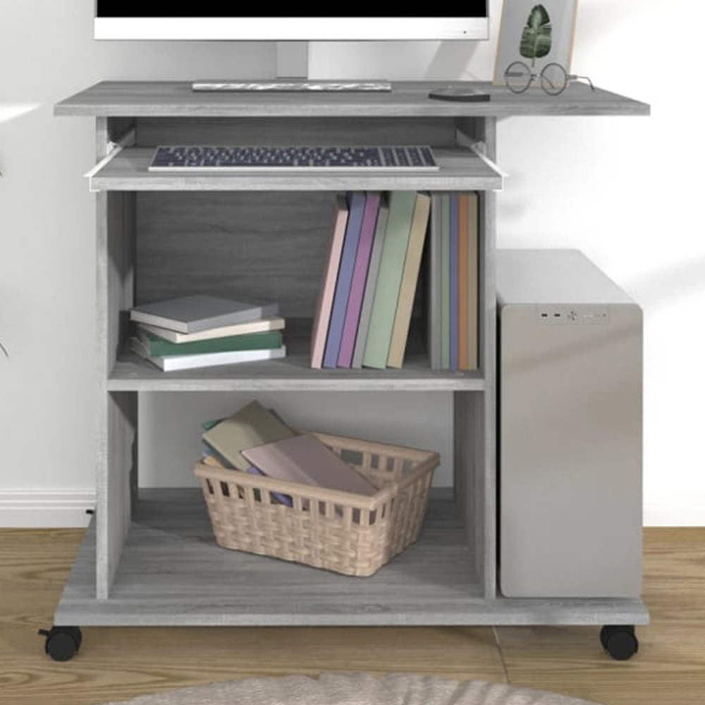 vidaXL 3 Shelf Movable Computer Desk with Keyboard Tray Grey Sonoma Image 1