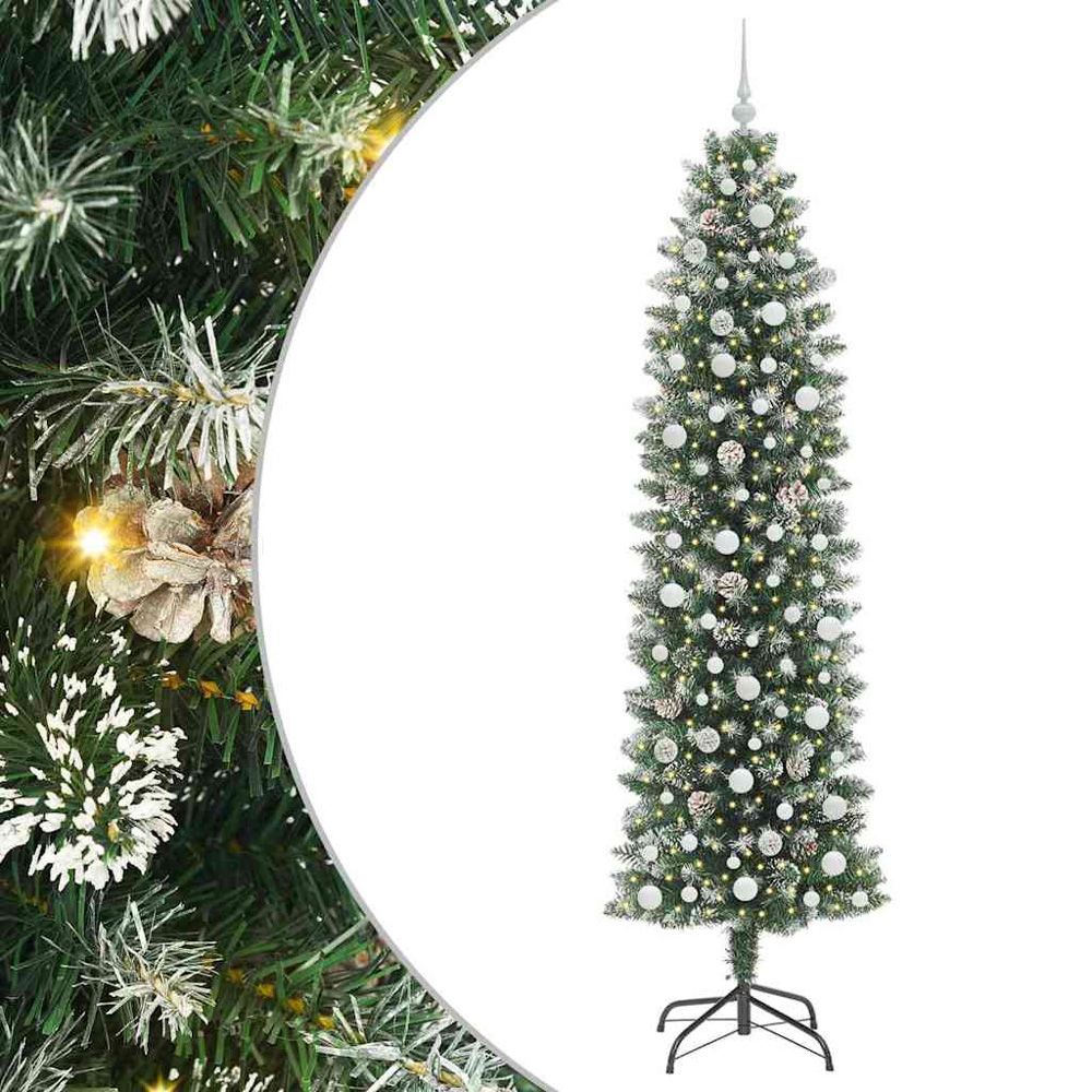 vidaXL Pre-Lit Warm White LED and White Baubles Green Slim Artificial Christmas Tree 8ft Image 7