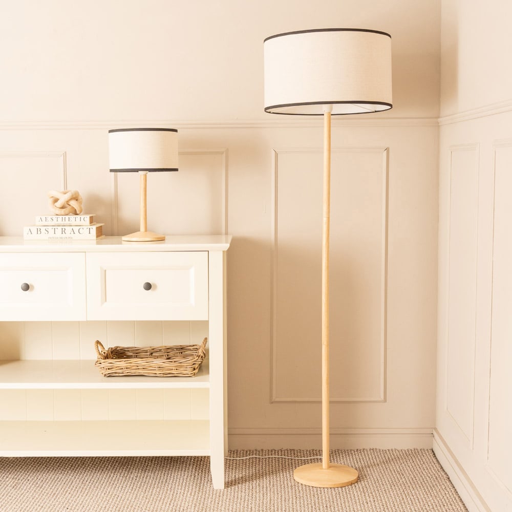 ValueLights Triston Linen Black Edge Drum Shade Natural Light Wood Stem LED Table Lamp Image 4