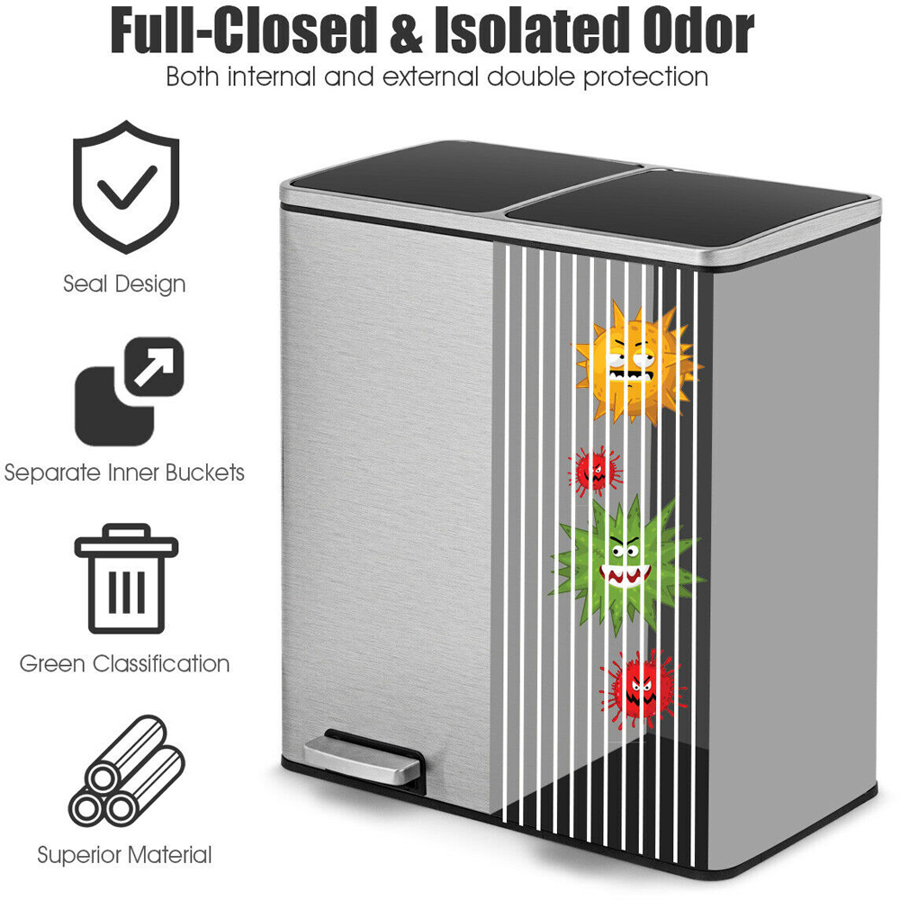 Costway Silver Double Recycle Pedal Bin with Removable Compartments 60L Image 6