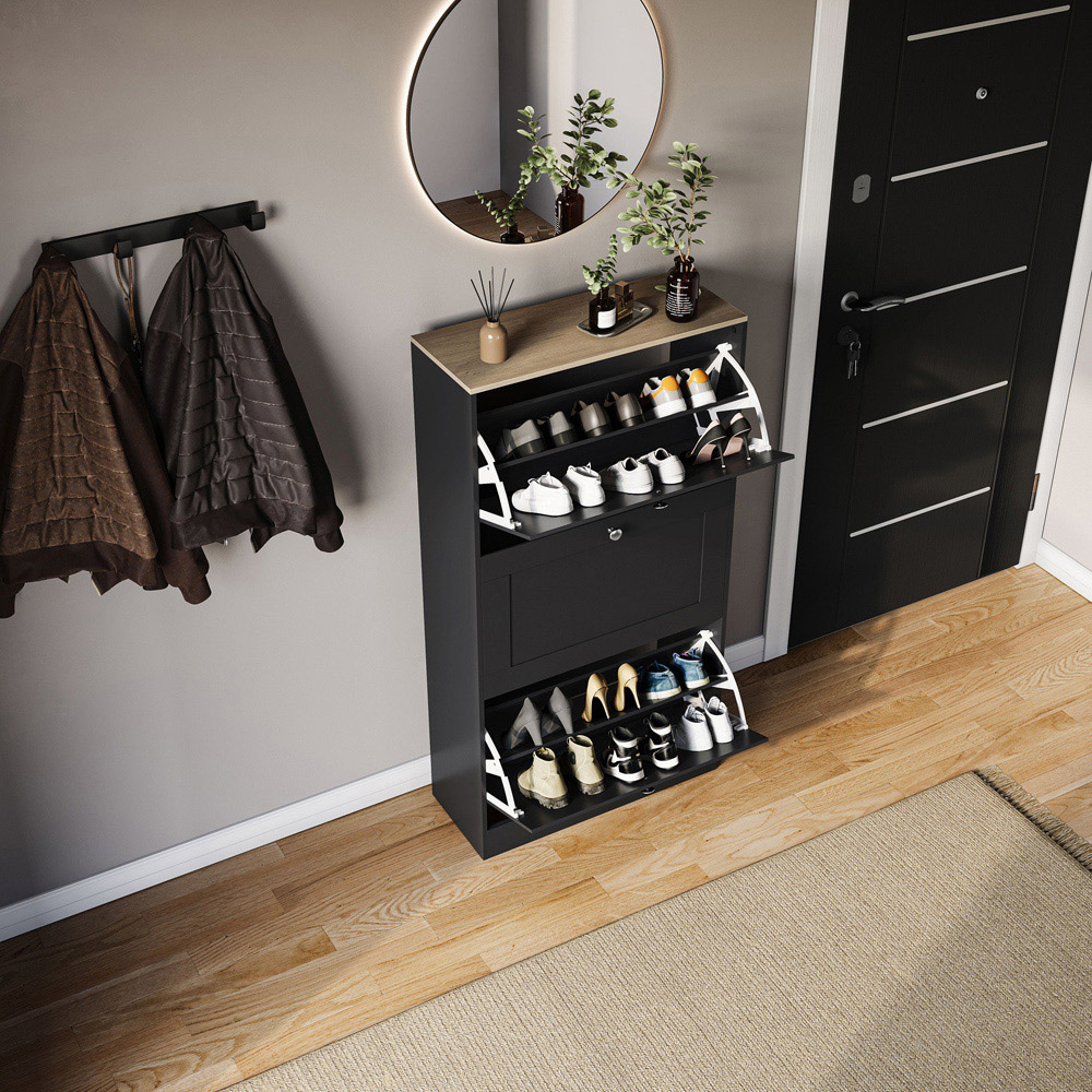 VIDA DESIGNS 3 Drawer Black and Oak Effect Shoe Cabinet Image 4