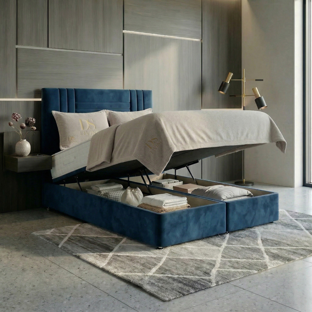 DS Living Orion Super King Size Blue Plush Ottoman Bed Image 2