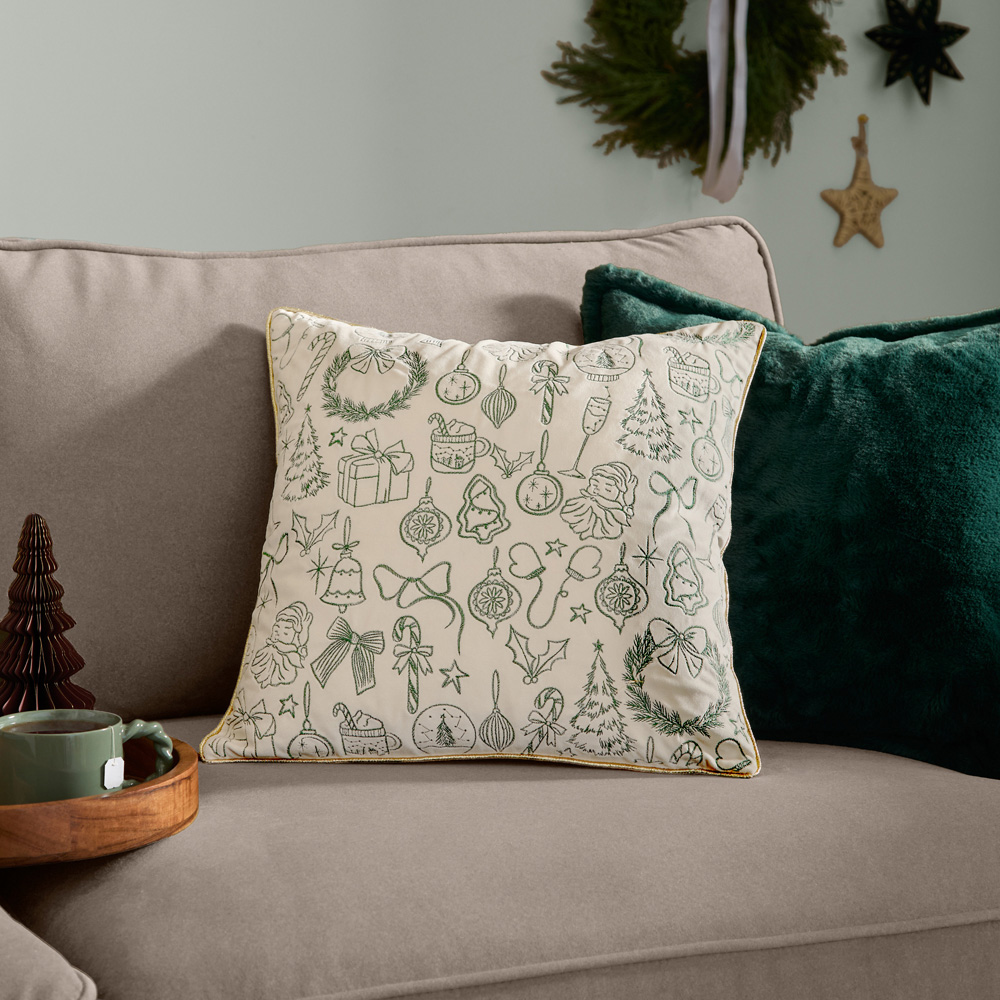 Furn Merry Christmas Ecru and Dark Green Velvet Cushion 45 x 45cm Image 2