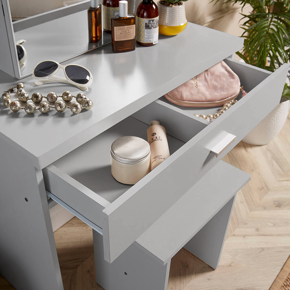 Home Source Berlin Single Drawer Grey Dressing Table Set with Sliding Vanity Mirror Image 5