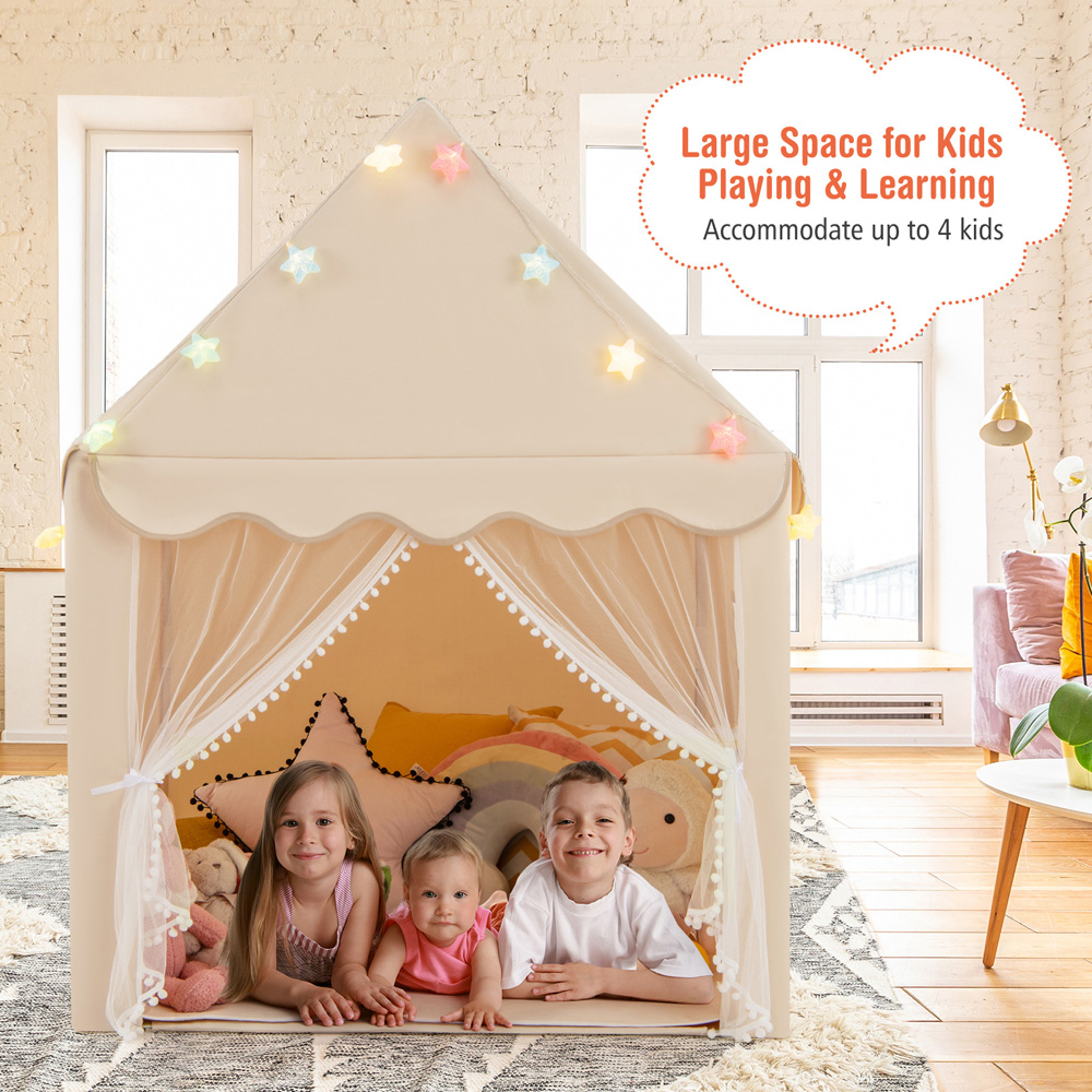 Costway Beige Large Kids Play House with Washable Mat and Star Light Image 4