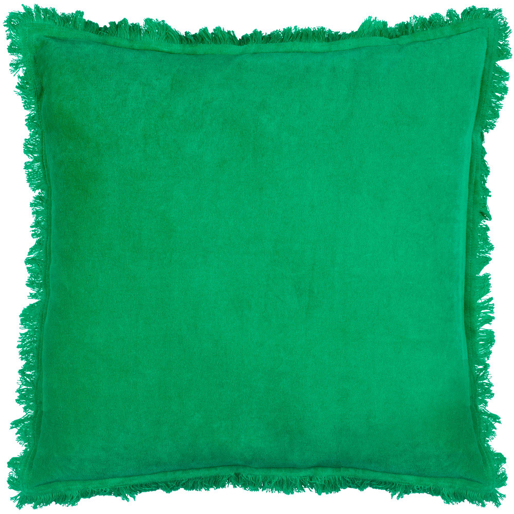 furn. Gracie Emerald Green Velvet Fringed Cushion Image 1
