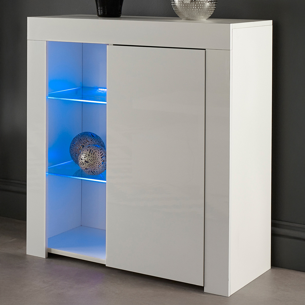 MMT Furniture Designs Single Door 3 Shelf Matt Gloss White Modern Sideboard with LED Image 1