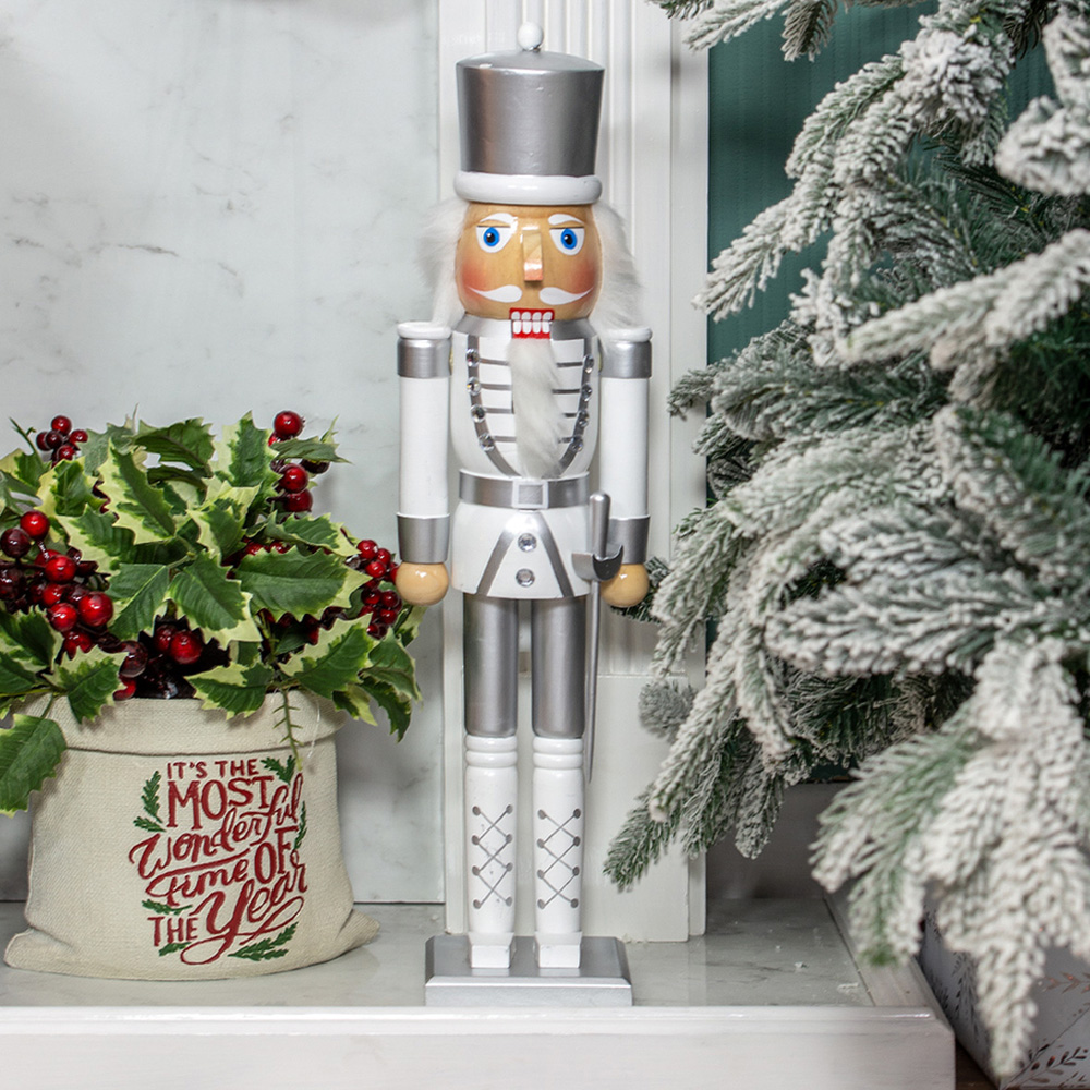 The Christmas Workshop White and Silver Wooden Nutcracker Soldier 50cm Image 2