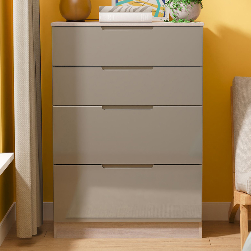 Crowndale Milan 4 Drawer Grey Gloss and Grey Oak Deep Chest of Drawers Ready Assembled Image 1
