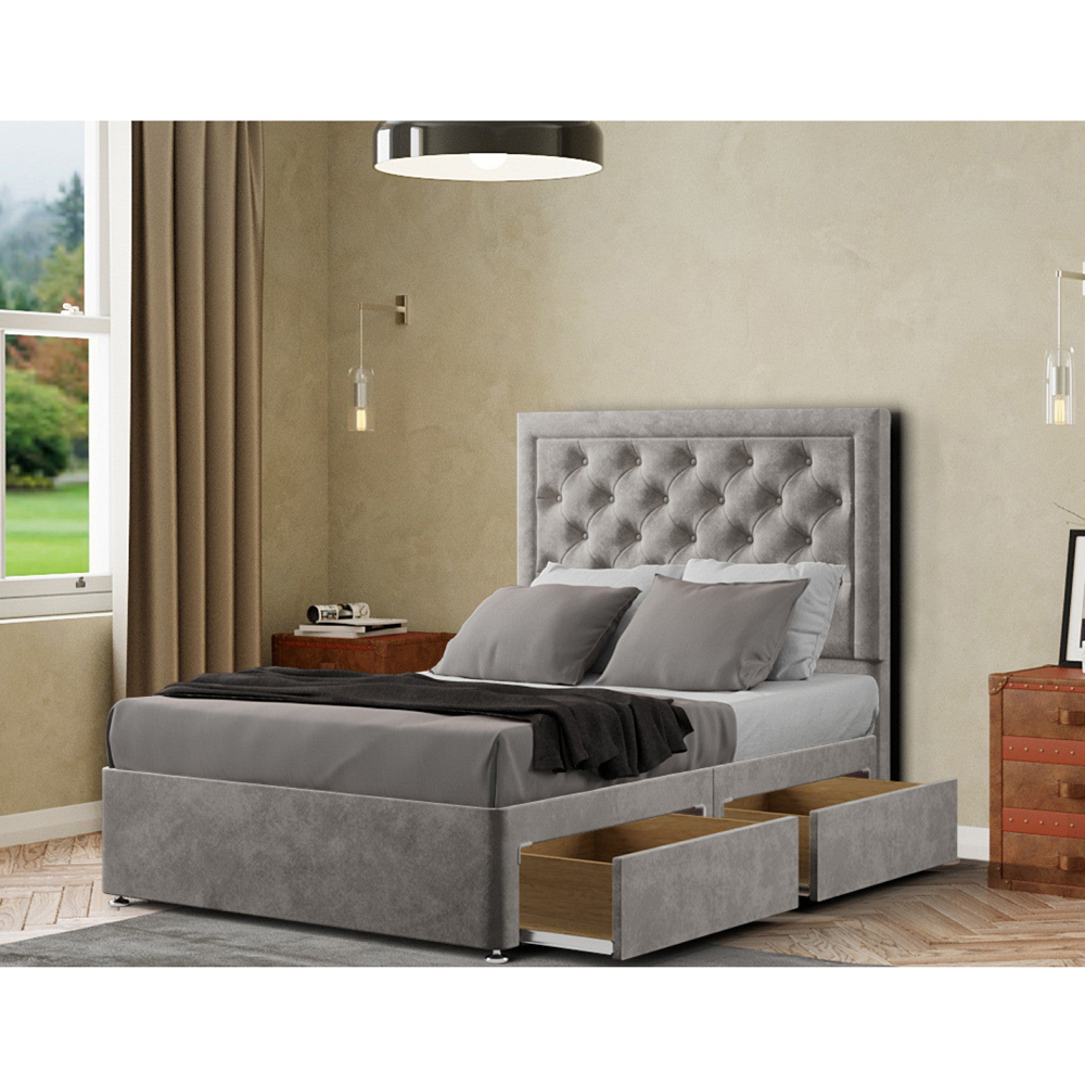 Portland Castle Super King Size Silver Plush Divan Bed with 2 Drawers and Headboard Image 2