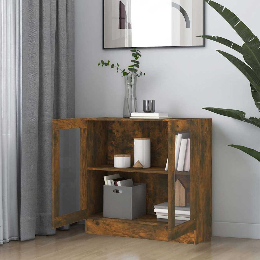 vidaXL Vitrine 2 Glass Door Smoked Oak Storage Cabinet Image 7