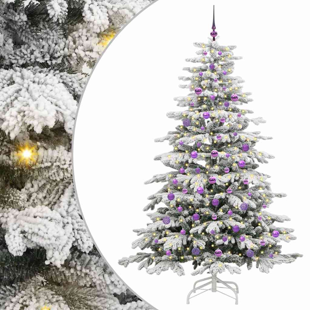 vidaXL Pre-Lit Lilac Baubles White Artificial Snow Flocked Christmas Tree 7ft Image 2