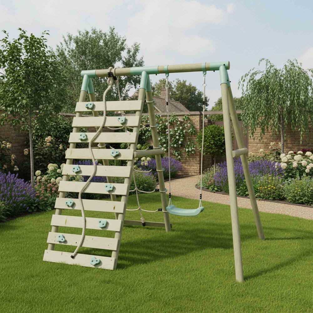 Mercia Wooden Round Pole Single Swing with Climbing Wall Image 2