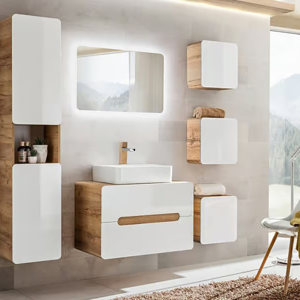 Impact Furniture Aruba White Gloss and Oak Wotan 5 Piece Floating Bathroom Furniture Set Image 8