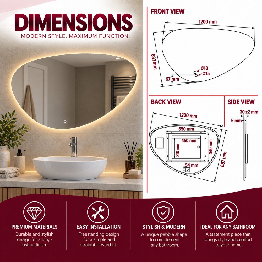 Go Bathrooms Aria LED Pebble Backlit Vanity Mirror 1200 x 687mm Image 5