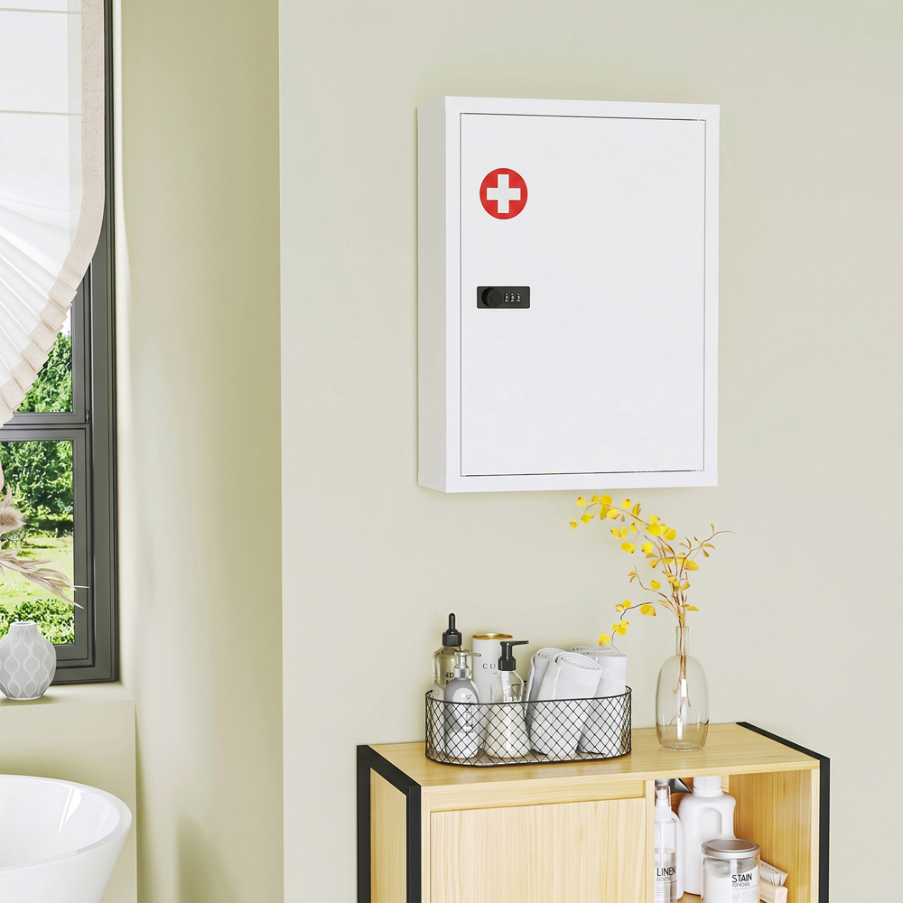 HOMCOM Single Door White Wall-Mounted Medicine Cabinet with Combination Lock Image 3