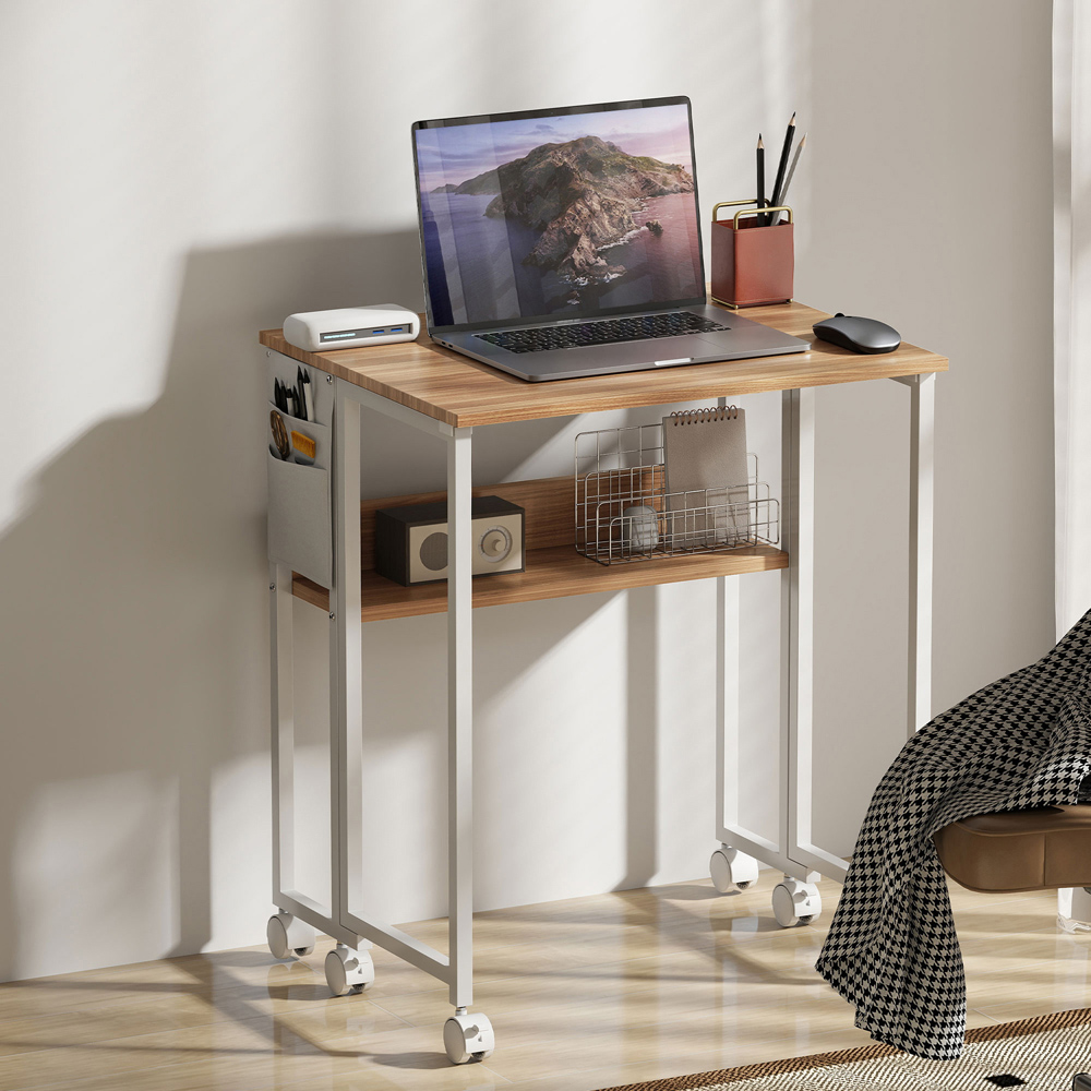 HOMCOM Single Shelf Foldable Computer Desk with Wheels and Side Bag Natural Image 7