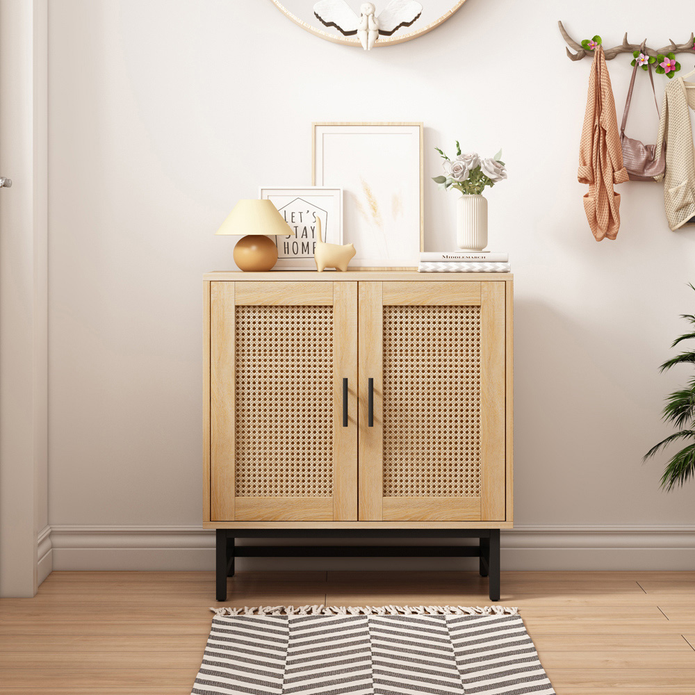 FurnitureHMD 2 Door Natural Rattan Wooden Storage Cabinet with Metal Legs Image 7
