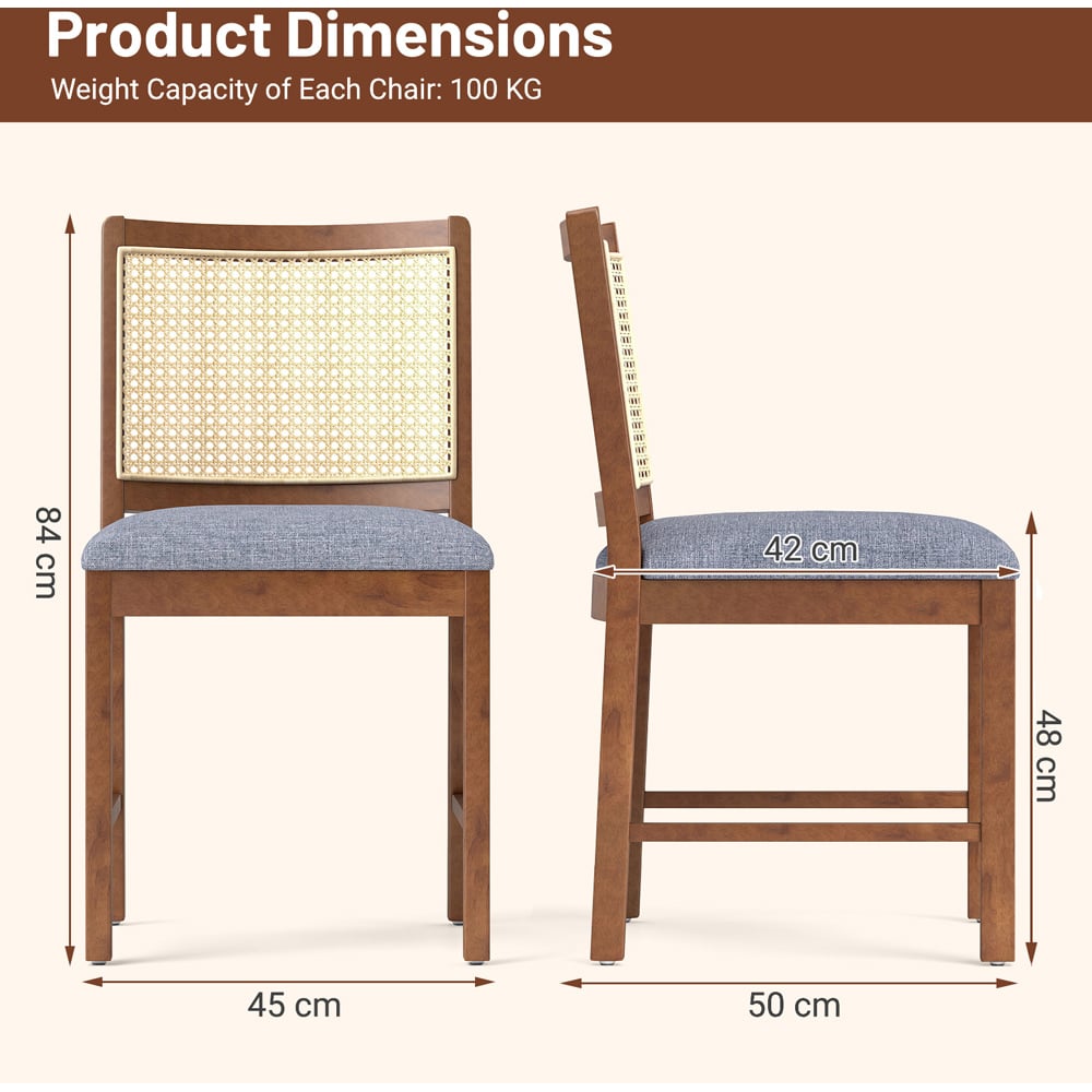 Costway Set of 2 Walnut Rattan Dining Chair with Padded Seat Image 9