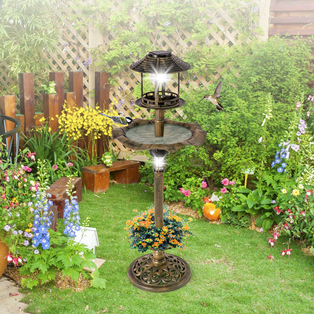 Costway Antique Birdbath and Feeder with 2 Solar Lamp Image 3