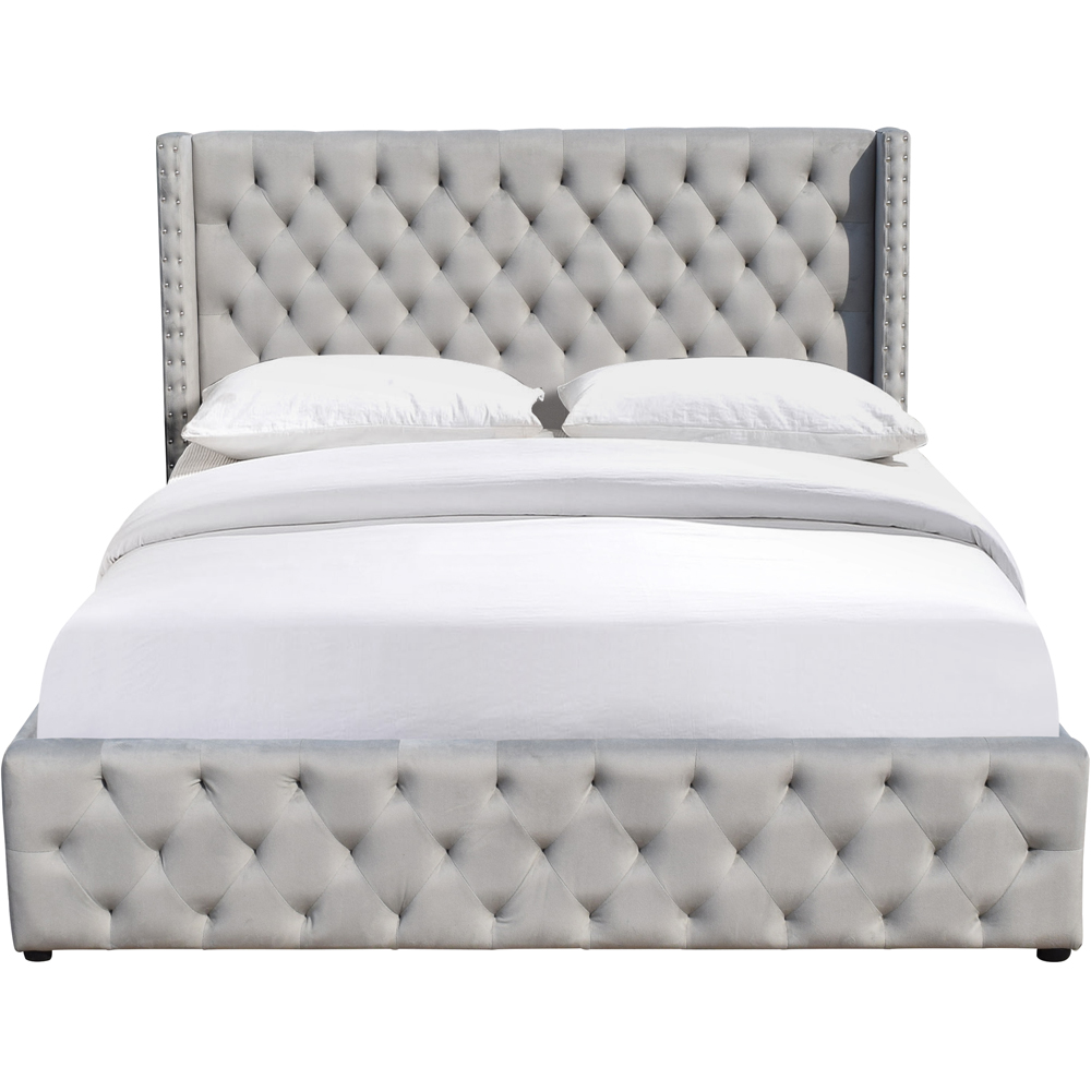 Brooklyn King Size Light Grey Plush Velvet Storage Ottoman Bed with Winged Headboard Image 2