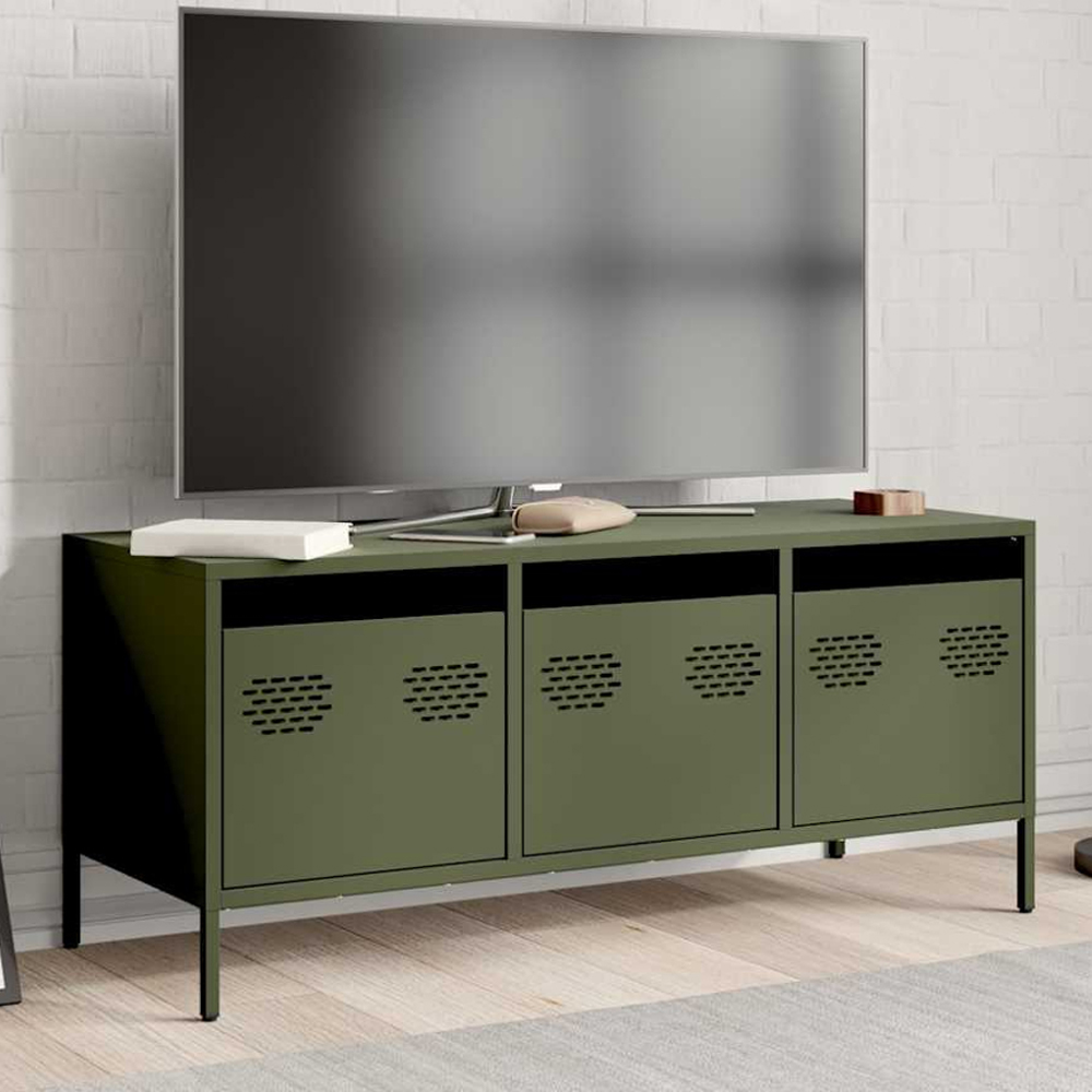 vidaXL 3 Drawer Olive Green Steel Industrial Style TV Cabinet Image 1