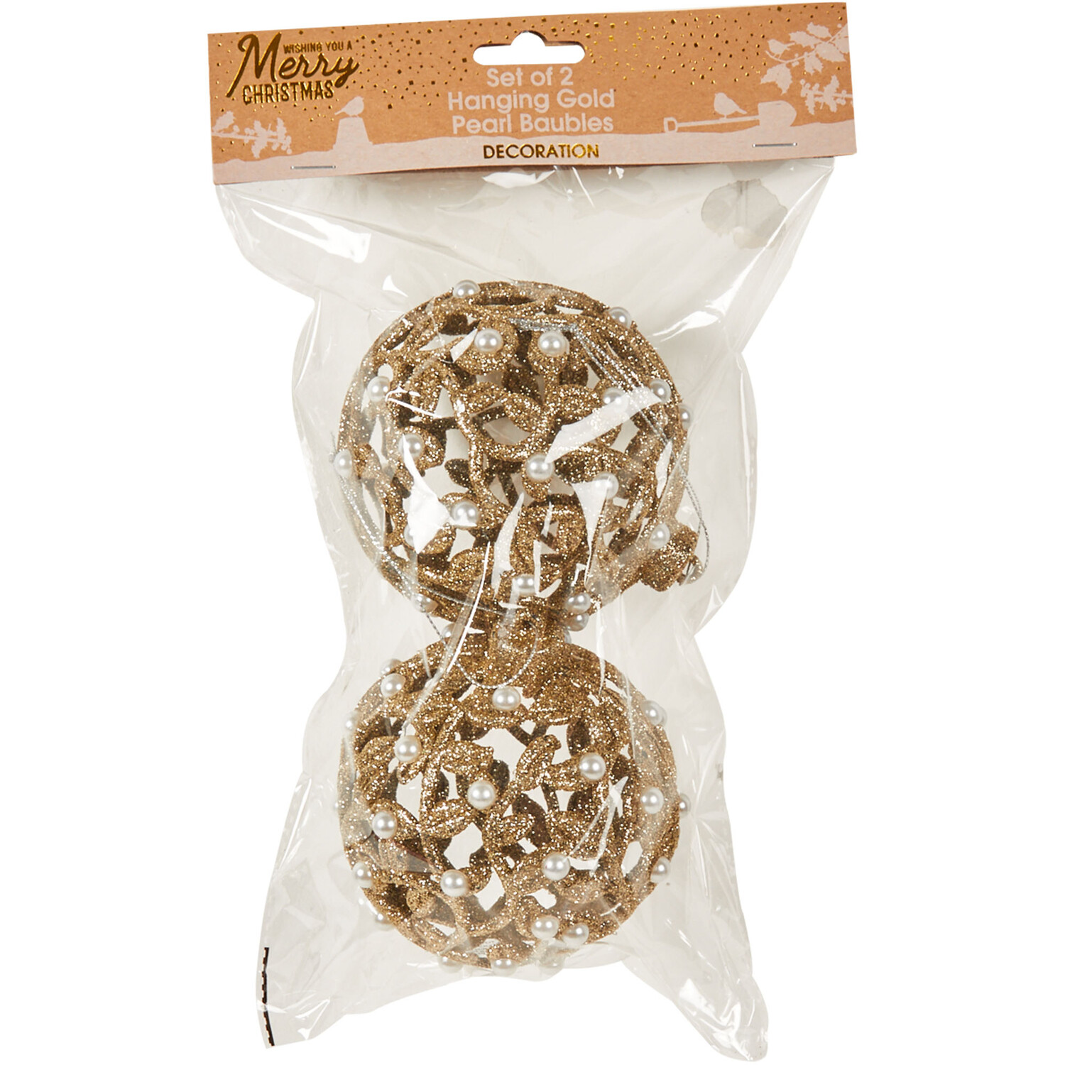 Set of 2 Hanging Pearl Baubles Gold - Gold Image 1