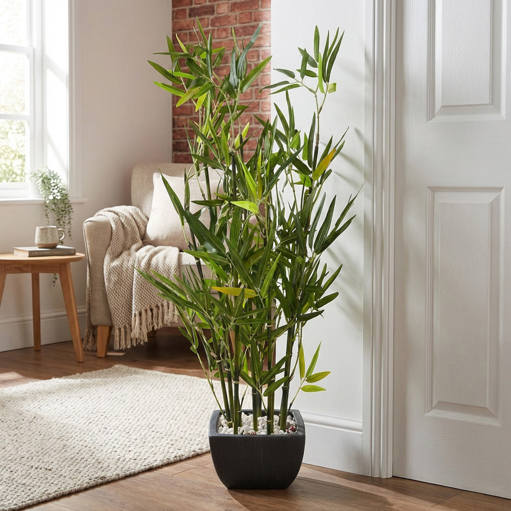 Artificial Green Bamboo Plant in Black Terracotta Pot with Pebbles Image 2