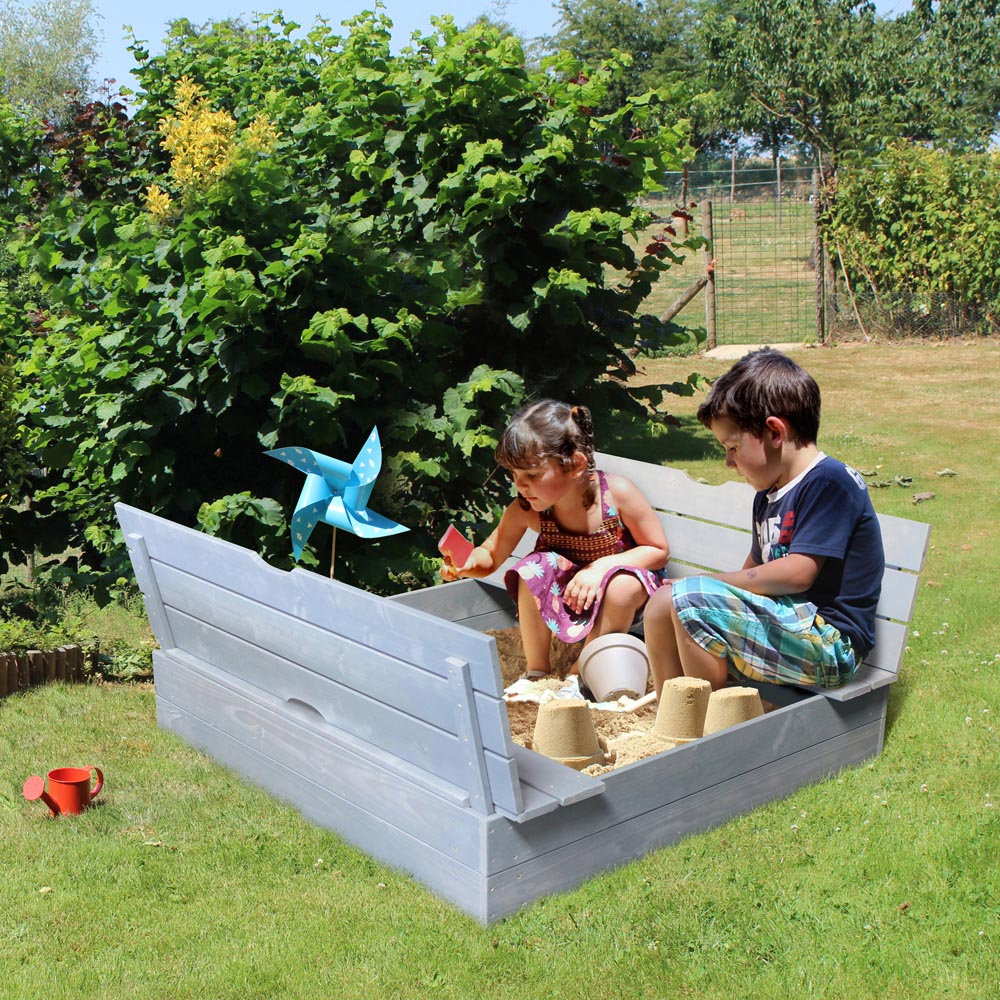 Soulet Kids Grey Wooden Sand Pit with 2 Foldable Benches and Ground Sheet Image 2